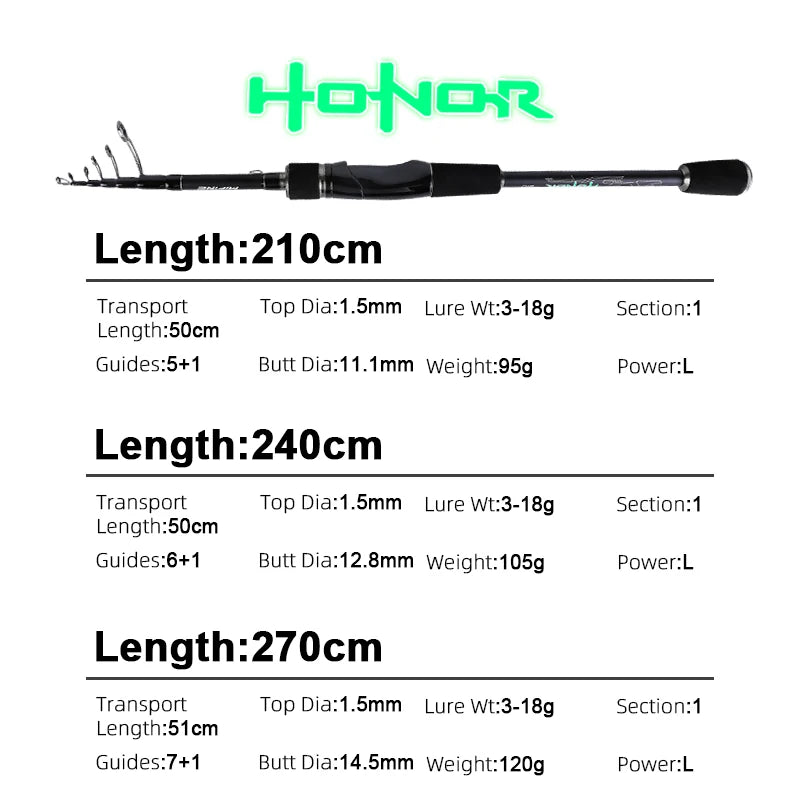 MIFINE HONOR Telescopic Fishing Rod 24T Carbon Fiber 2.1M 2.4M 2.7M Travel Spinning Rods Lure Weight 3-18g 6-27g Solid Tip Rods